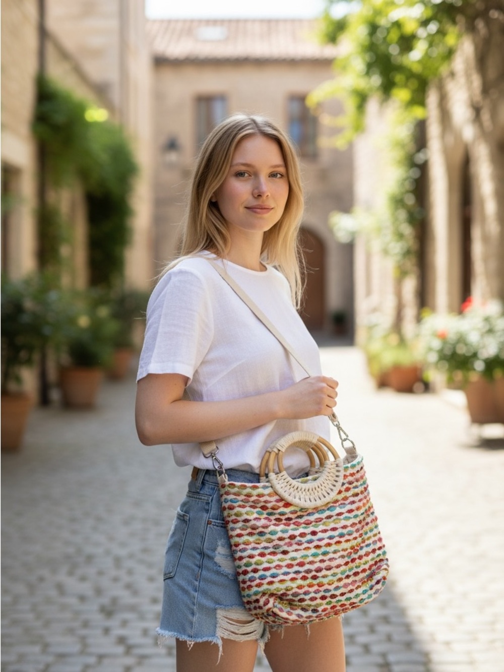 America & Beyond Woven Multicolor Tote Bag Bamboo Ring Handles Crossbody Strap